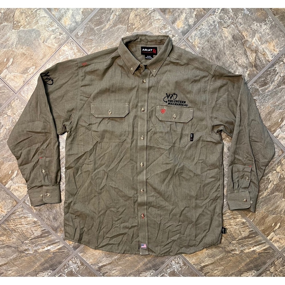 Ariat FR Work Shirt Men XL Khaki CAT 2 Long Sleeve Button Up Flame Resistant